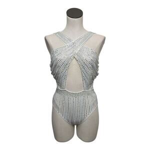 12th Tribe Bodysuit Womens Size Medium Rhinestone Festival Glitter Crossfront